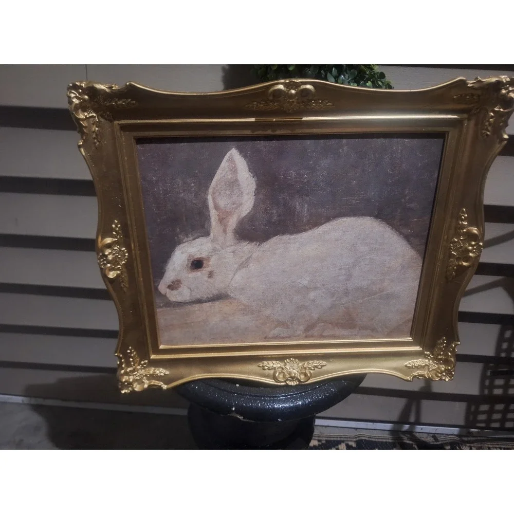 Vintage ornate gold frame with 2 prints white rabbit and Victorian lady